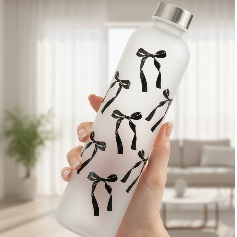 1L Aesthetic Water Bottle With Bow Print, Reusable Water Bottle With Lid, Ribbon Bow Frosted Water Bottle, Multipurpose Water Bottle for Travel