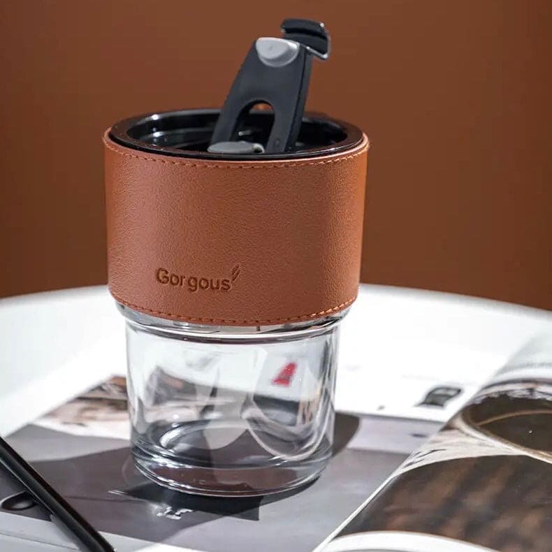Amber Straw Glass, 400ml Coffee Cup Glass, Leather Sleeves Drinking Cup, Transparent Bubble Tea Cup, Large Capacity Beverage Cup, Home Office Creative Coffee Mug, Coffee Milk Juice Mug with Straws &Lids Kitchen Drinkware