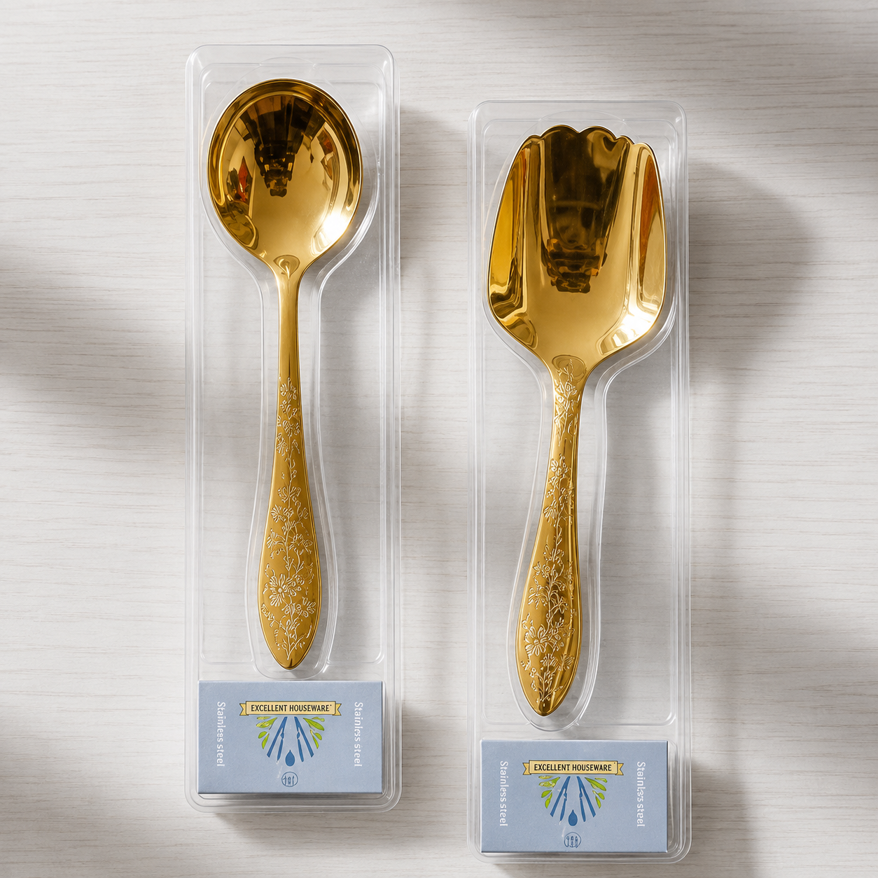 Decorative Gold Kitchen Serving Set, Elegant Dining Serving Utensils Set, Stainless Steel Gold Serving Spoon Set, Vintage Floral Gold Serving Set
