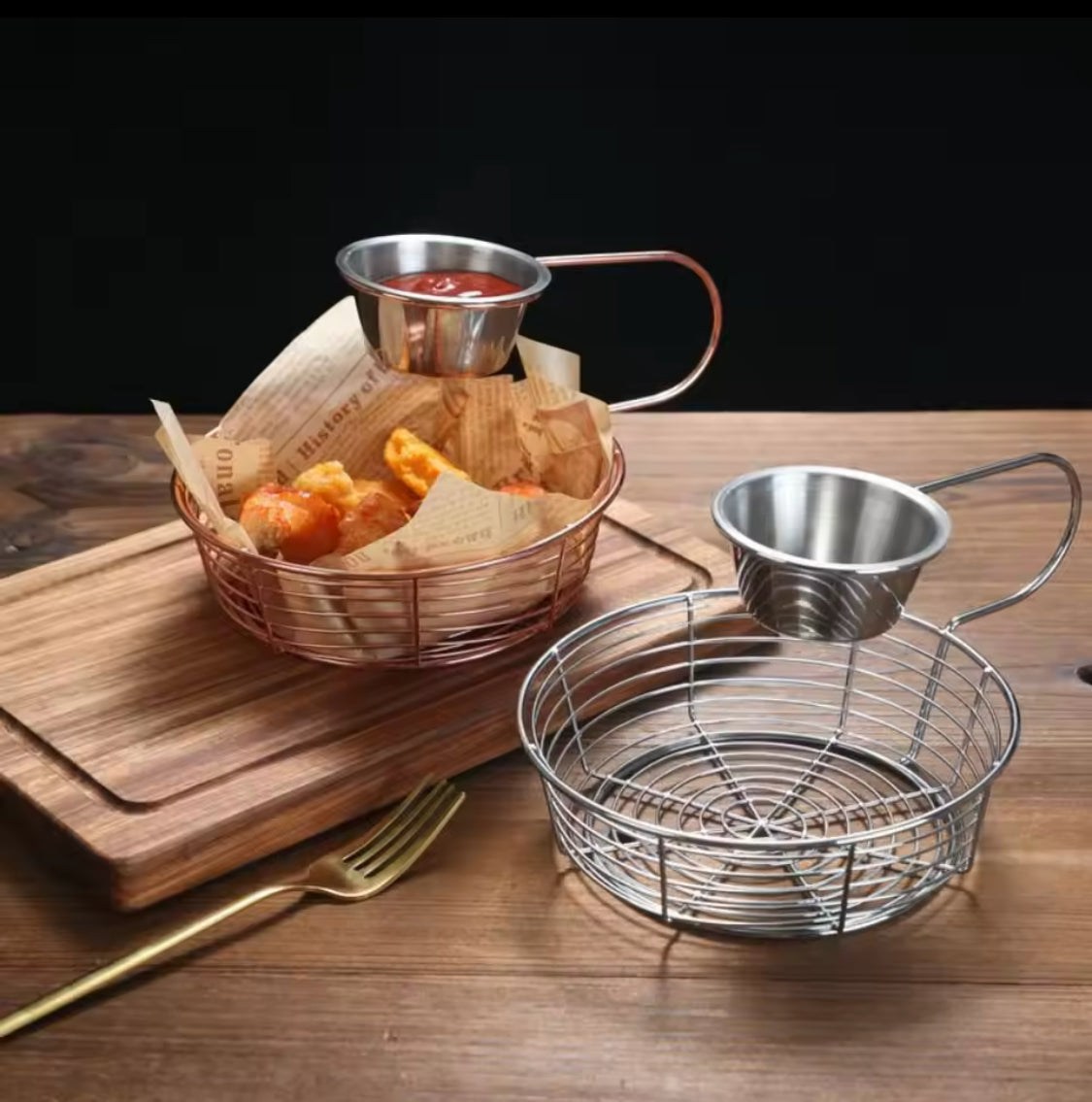 Stainless Steel French Fries Basket, Lightweight French Fries Basket, French Fries Basket With Hanging Sauce Cup, Fried Items Serving Tray