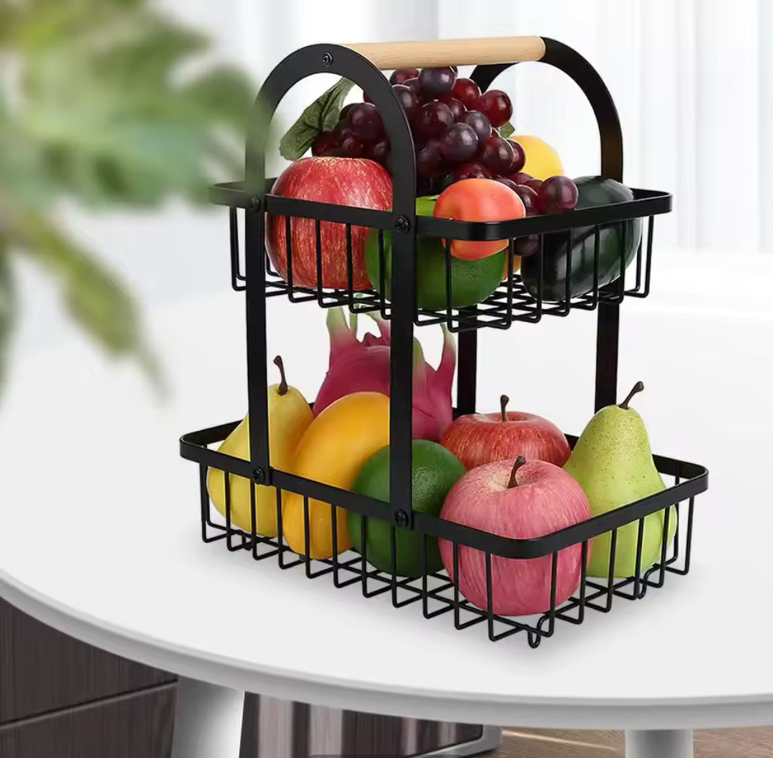 2 Tier Iron Fruit Basket With Wooden Handle, Kitchen Countertop Storage Rack, Wrought Iron Detachable Storage Holder