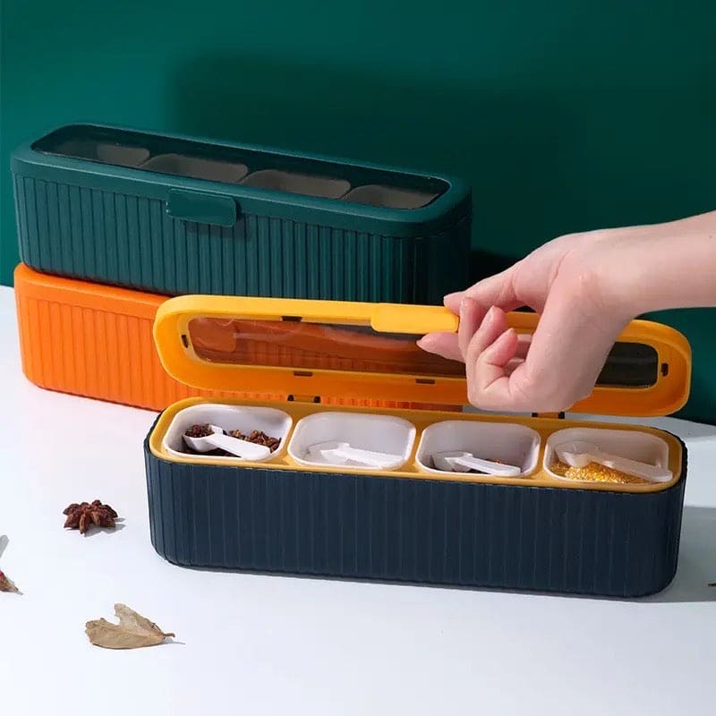 Luxury Four Grid Spice Dispenser, Household Flip with Spoon Spice Box, Seasoning Storage Container for Spice, Salt Sugar Plastic Condiment Jars with Spoons Lid, Kitchen Organization Containers with Cover and Spoon, Household Kitchen Seasoning Bottles