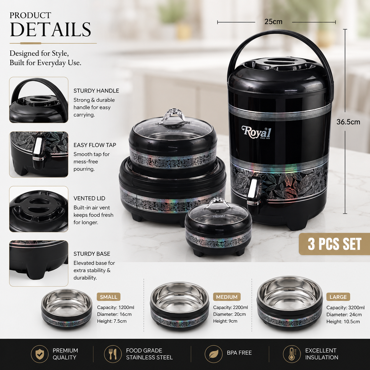 3Pcs Insulated Food And Beverage Server Set, Double Wall Insulated Hot Pot Serving Set, Multipurpose Thermal Food Storage Set