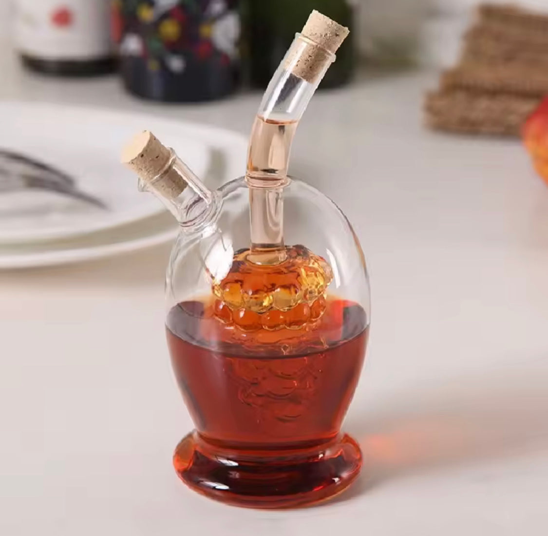 2 In 1 Transparent Glass Oil Bottle with Lid, Creative Double Mouth Glass Seasoning Oil Pot,  2 in 1 Kitchen Cruet Bottle with Cork Stopper