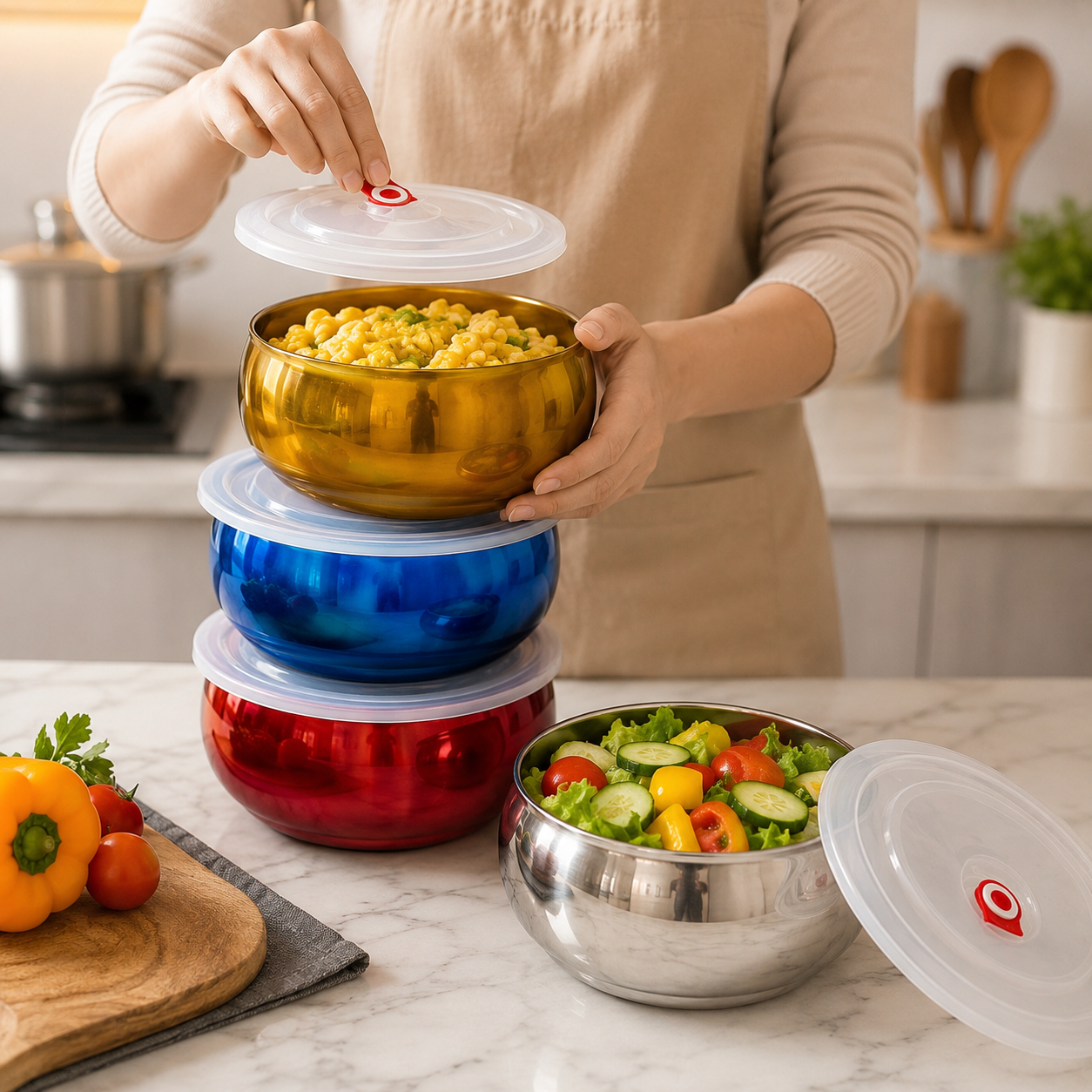 Stainless Steel Serving Bowl with Vacuum Lid, Insulated Steel Food Storage Bowl, Salad Mixing Bowl Set, Food Cooking Bowl Set