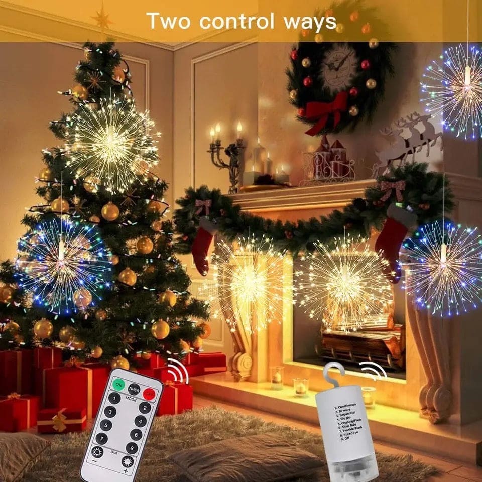 Fire Works String Light, 120 LED Copper Wire Firework Lights, Battery Operated Fairy String Lights with Remote, Waterproof Starburst Firework Garland String Lights