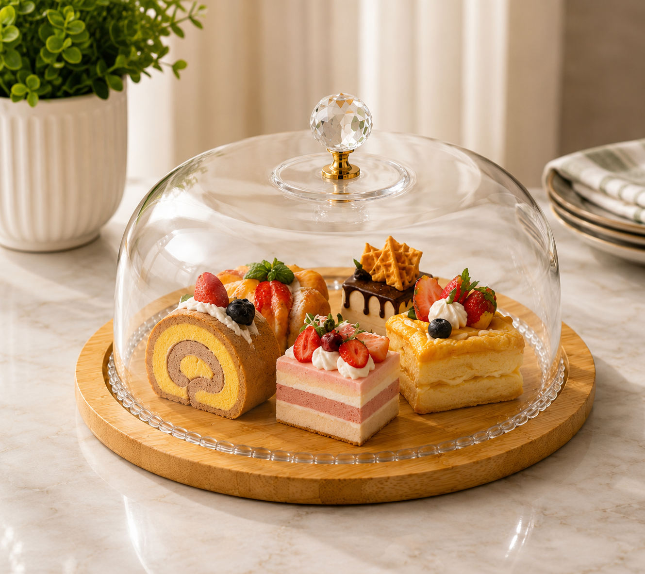 Transparent Cake Display Dome with Wooden Stand, Round Glass Food Display Cover, Decorative Glass Cloche, Food Display Cloche with Wooden Serving Tray