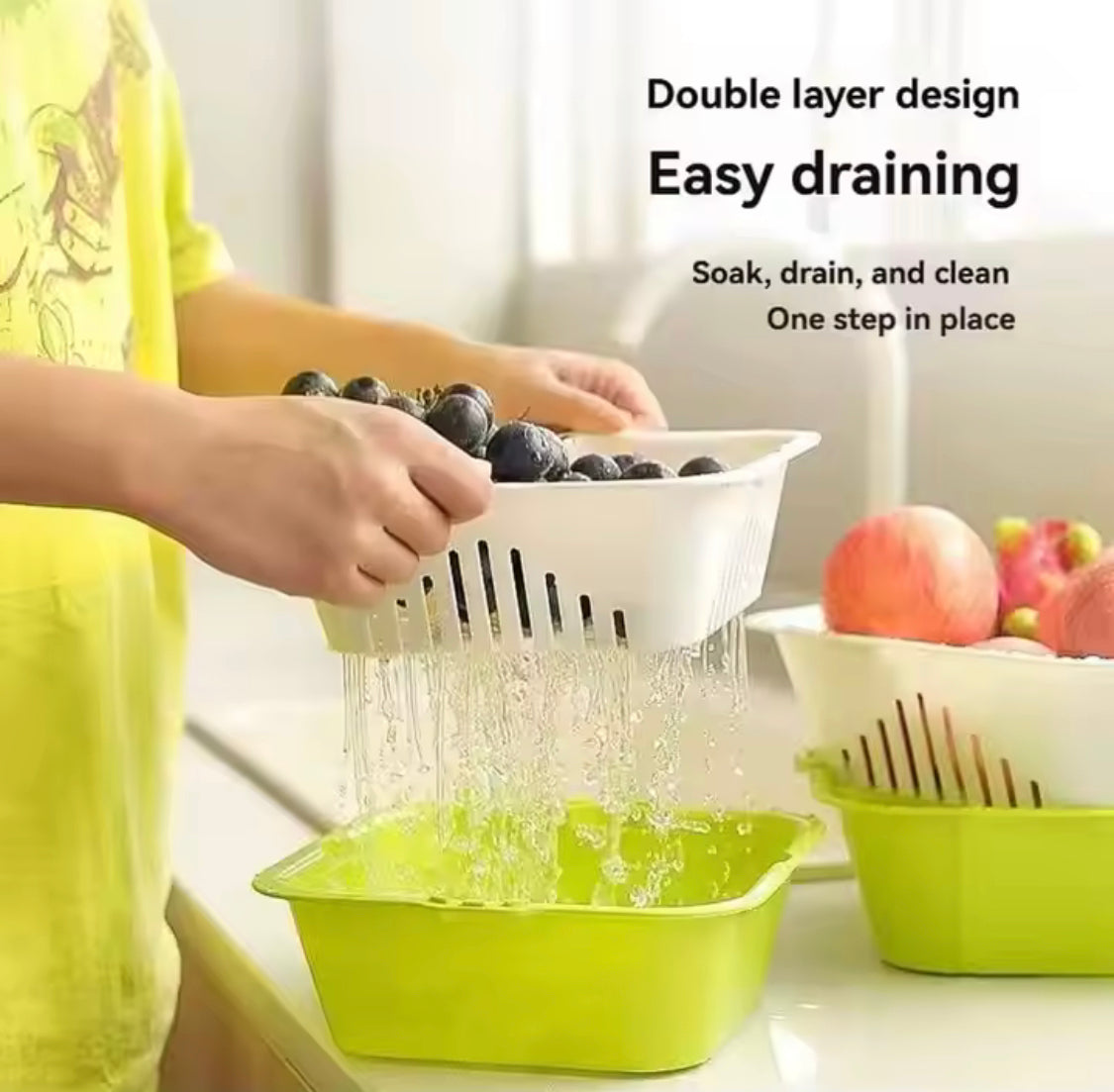 2 In 1 Plastic Drainage Basket, Square Fruit and Vegetable Filter Basket, Fruits And Vegetables Strainer Basket With Cover