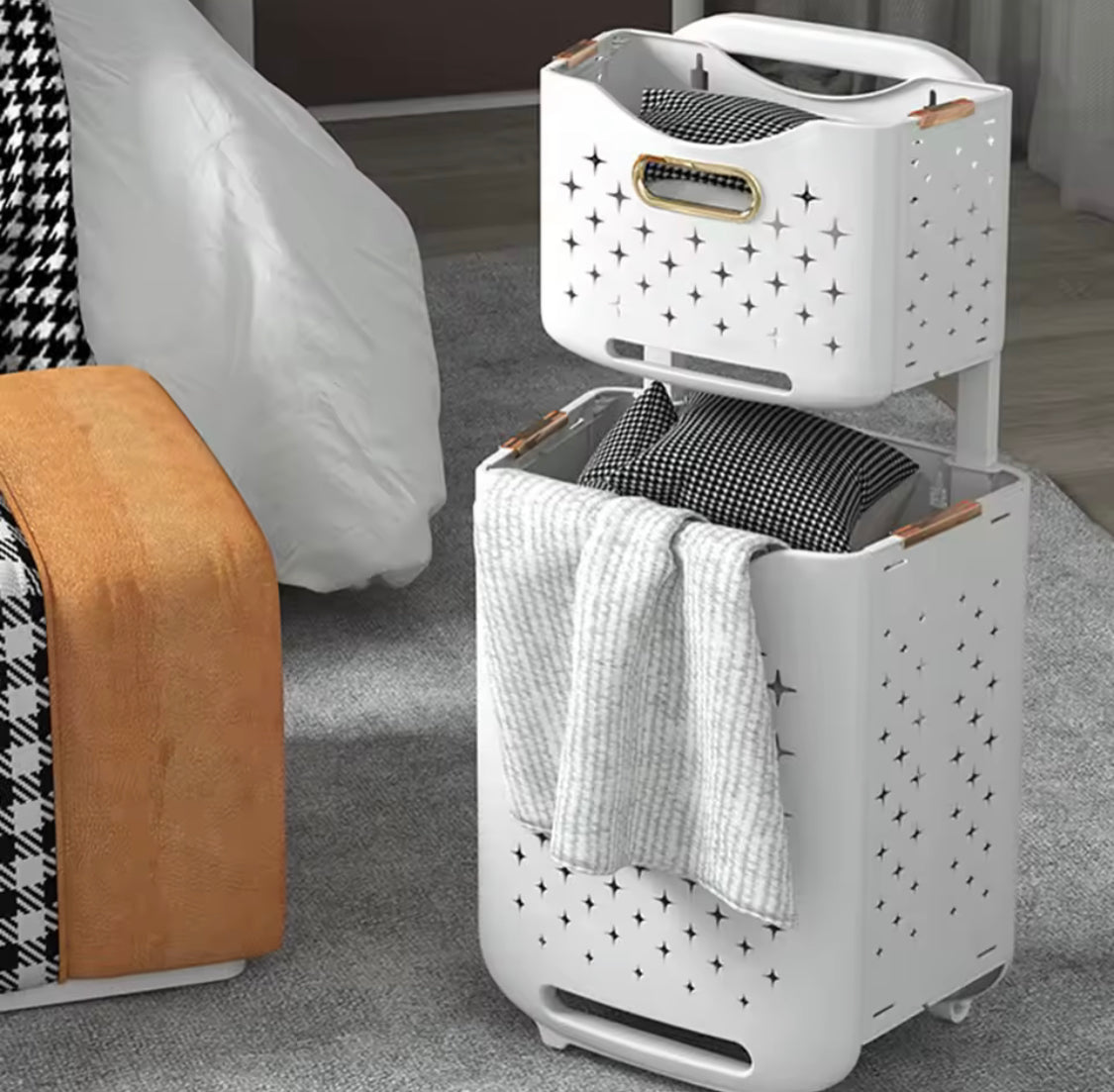 Large Capacity 2 Layers Durable Clothes Basket, Children Clothes Toys Book Storage Organizer, Foldable Laundry Basket, Multifunctional Storage Dirty Clothes Basket