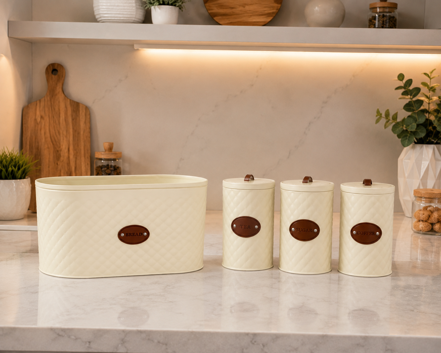 4pcs Diamond Texture Bread Box Set, Luxury Tea, Coffee & Sugar Canister Set with Bread Box, Kitchen Counter Storage Collection