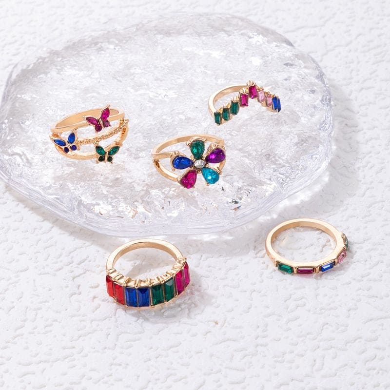 Set Of 5 Colorful Crystal Geometric Rings, Butterfly Flower Charm Finger Ring Jewellery, Crystal Stone Inlaid Brick Ring Set for Women, Multicolor Stone Butterfly Ring Set