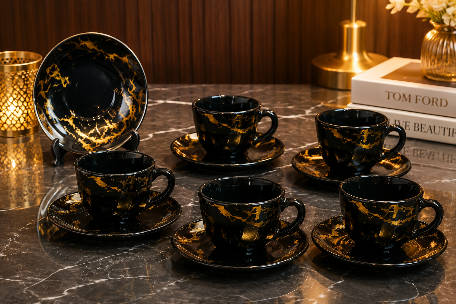 Elegant 6Pcs Tea Cup With Saucer Set, Golden Crackle Design Tea Cup Set, Insulated Coffee Mug, Coffee Glass