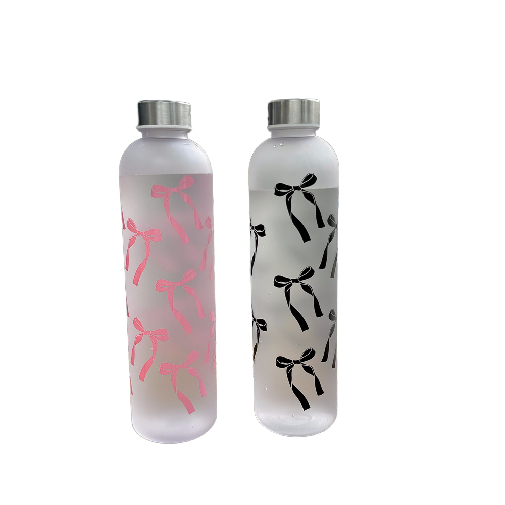 1L Aesthetic Water Bottle With Bow Print, Reusable Water Bottle With Lid, Ribbon Bow Frosted Water Bottle, Multipurpose Water Bottle for Travel