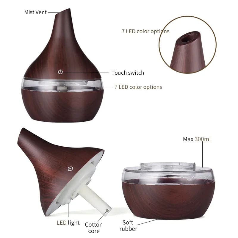 Quiet Wood Grain Humidifier, 300ml Electric Aroma Air Diffuser, USB Wood Ultrasonic, Essential Oil Aromatherapy Cool Mist Maker For Home