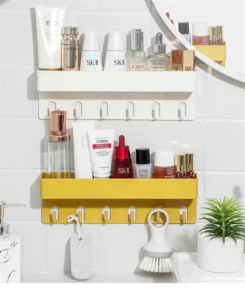 Shower Caddy Basket With Hooks, Wall Mounted Floating Shelf, Multipurpose Countertop Basket, Bathroom Kitchen Storage Rack, Self Adhesive Storage Rack With Hook, Nordic Kitchen Bathroom Rack