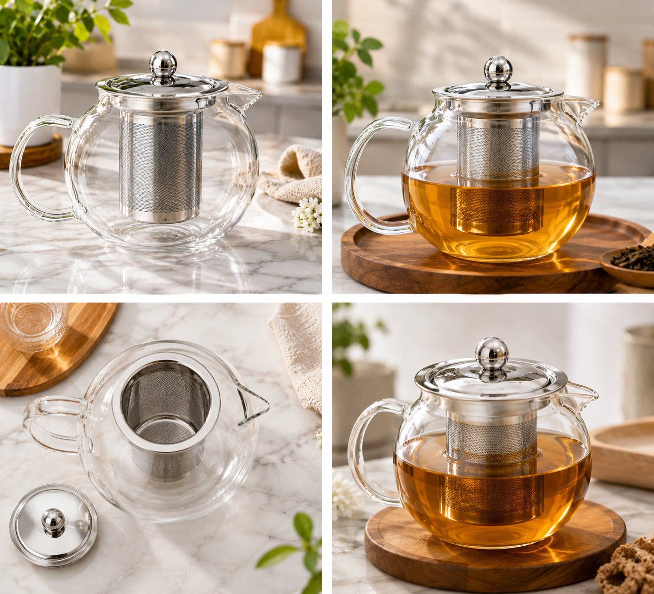 Glass Teapot with Stainless Steel Infuser, Double Wall Glass Tea Infuser Pot, Round Glass Tea Brewing Pot, Transparent Glass Tea Kettle