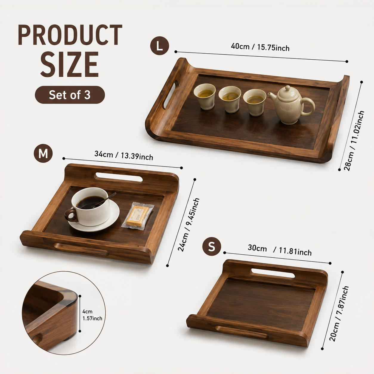 3Pcs Wooden Serving Tray Set with Handle, Multipurpose Wooden Serving Tray Set, Bamboo Style Wooden Serving Tray, Kitchen Serving Tray Set