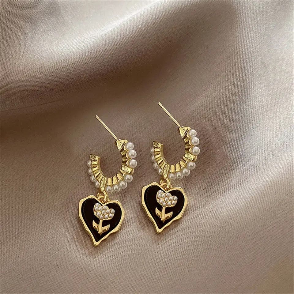 Black Tulip Pearl Earring, Retro Pearl Love Stud Earrings, Women Luxury Sensation Pearl Earring, Love Heart Flower Ear Jewelry
