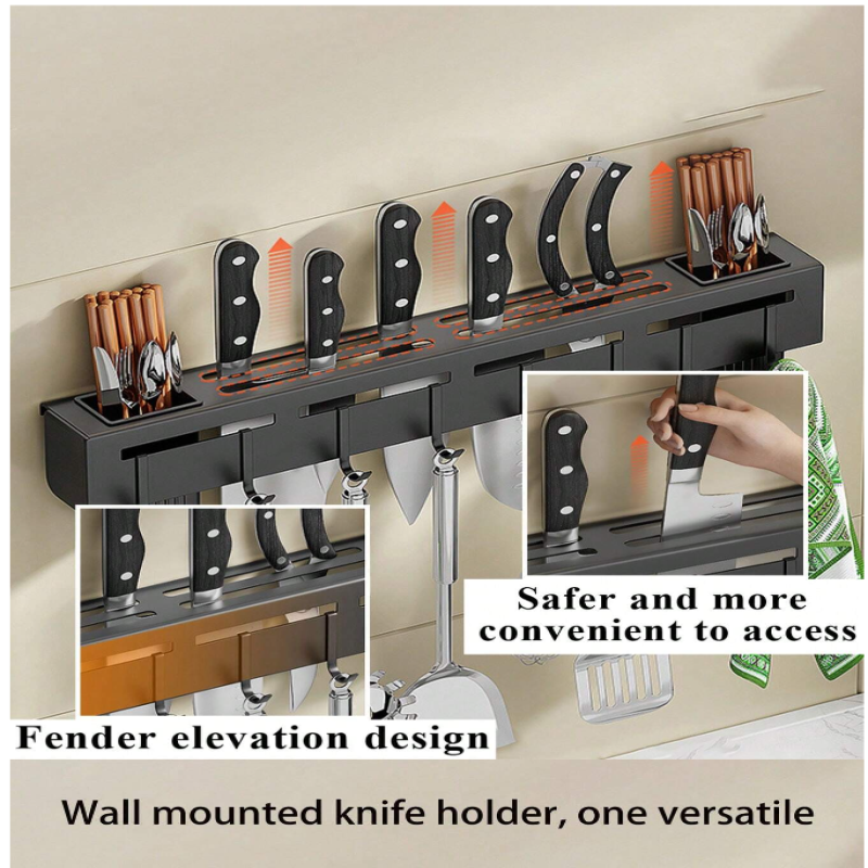 Wall Mounted Kitchen Utensil Organizer, Multi Purpose Kitchen Tool Storage Rack, Kitchen Knife Stand with Hanging Hooks