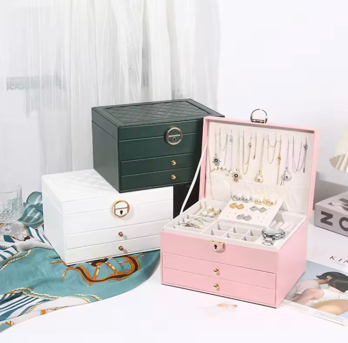 Retro Design Three Layer Jewelry Box, Multilayer Leather Earrings Organizer, Modern Style Jewelry Organizer