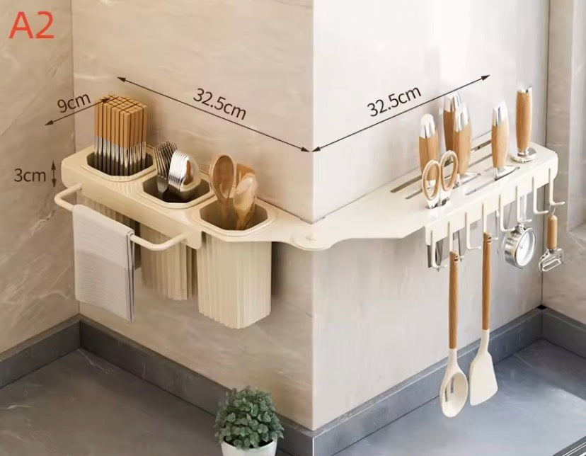 Wall Mounted Over The Sink Organizer Rack, Kitchen Storage Shelf with Knife Holder, Utensil Caddy And Hanging Hooks Rotatable Kitchen Shelf