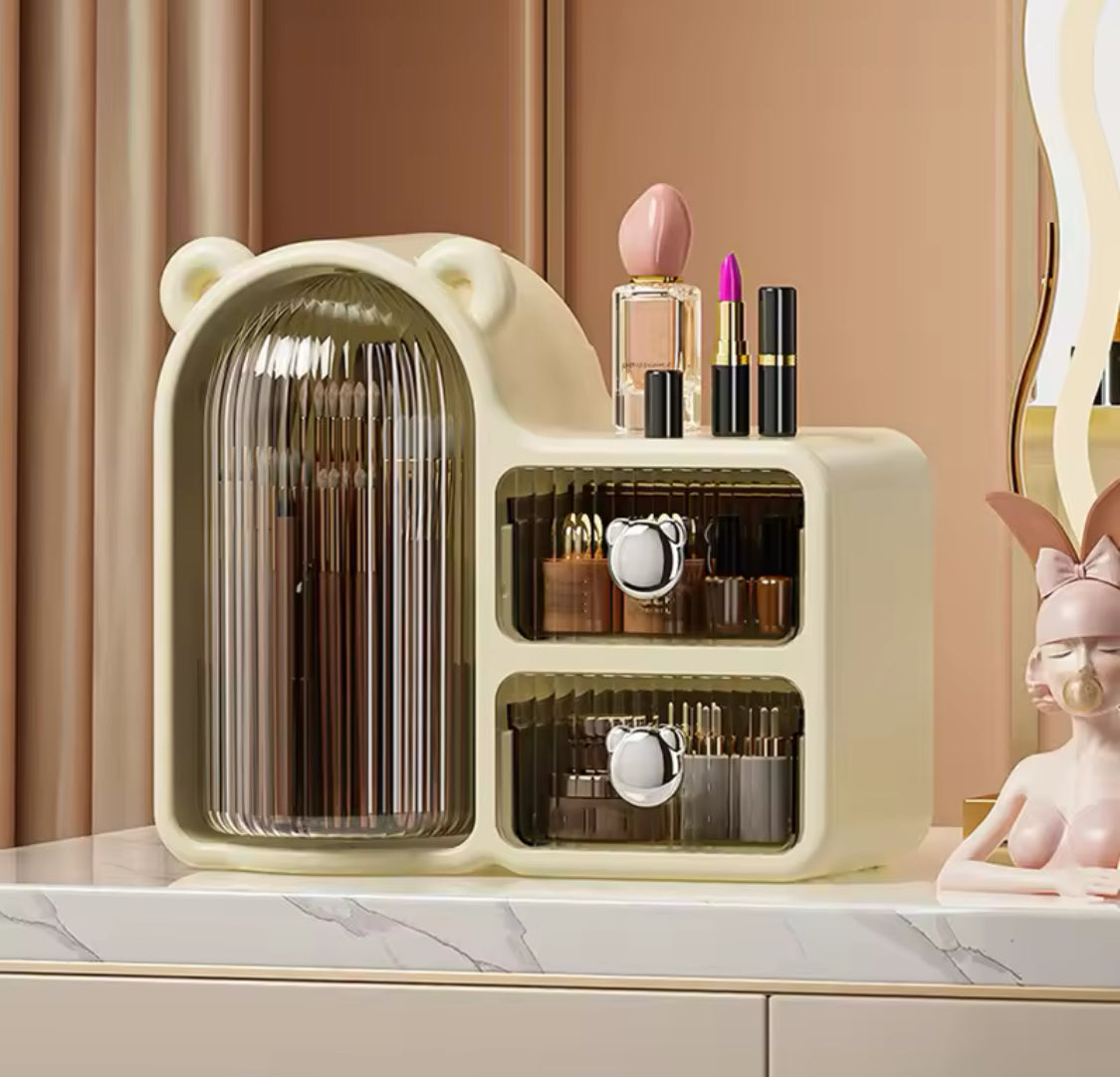 Rotating Desktop Bear Shape Storage Box, Desktop Organizer With 2 Drawers, Makeup And Brushes Organizer, Dressing Table Storage Box