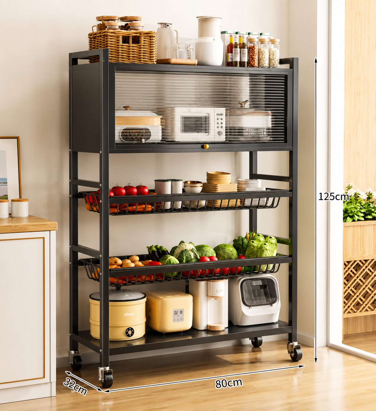 Kitchen Storage Rack With Cabinet, Kitchen Pantry Storage Shelf, Rolling Kitchen Storage Cabinet, Moveable Kitchen Microwave Storage Stand