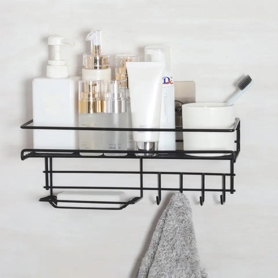 Self Adhesive Caddy Shelf With Hook, Combo Organizer Basket, Multipurpose Home Kitchen Bathroom Wall Hanging Shelves, Perforation Free Bathroom Storage Rack, Wall Mounted Multifunctional Rack, Magic Sticker Shower Rack Shelf