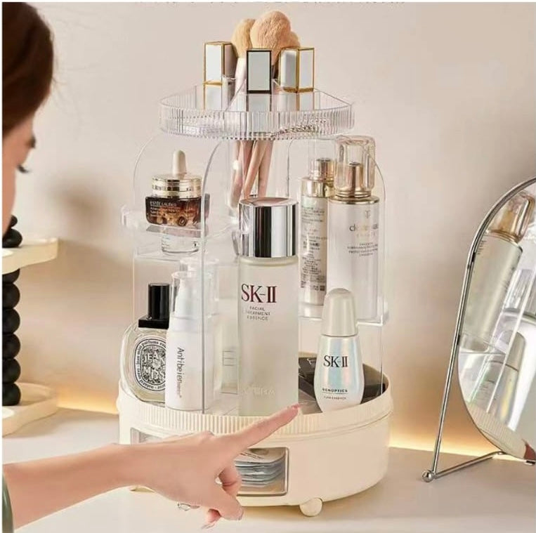 360° Rotating Cosmetics Organizer, Dust Proof Dressing Table Storage Rack, Cosmetics Drawer Organizer