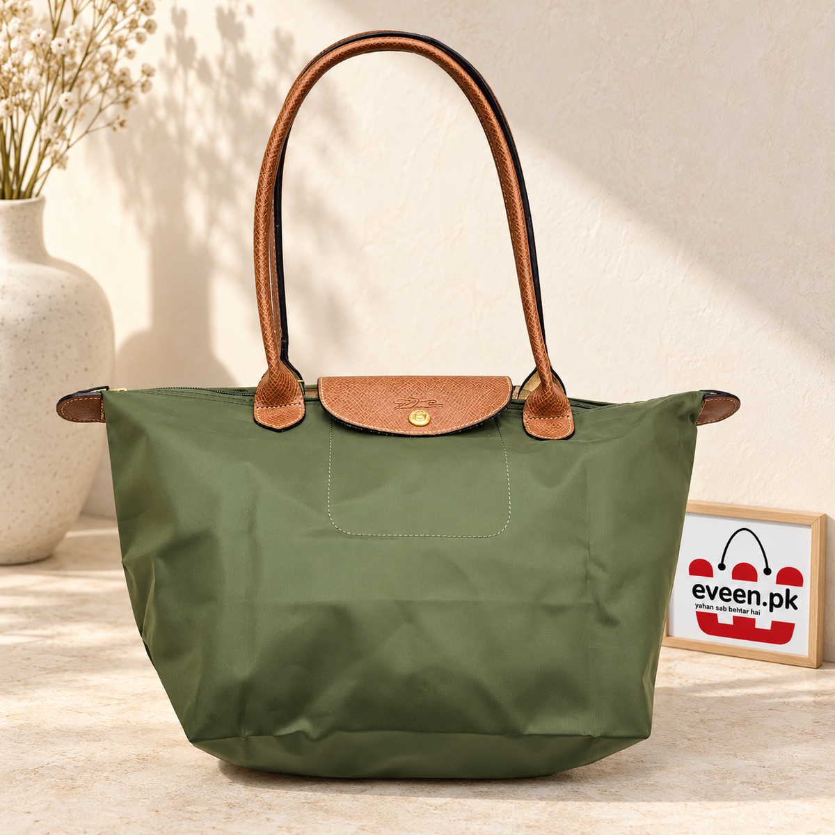 Nylon Tote Bag with Leather Handles, Everyday Shoulder Tote Bag, Large Capacity Tote Bag, Women’s Lightweight Travel Tote Bag