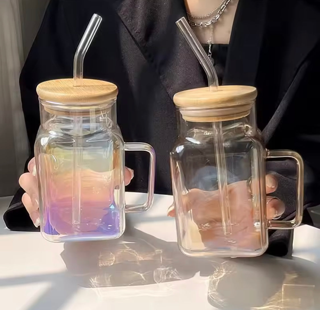 600ml Glass Straw Cup With Handle, Reusable Iced Coffee Mug, Aesthetics Smoothie Cups, Glass Water Tumbler