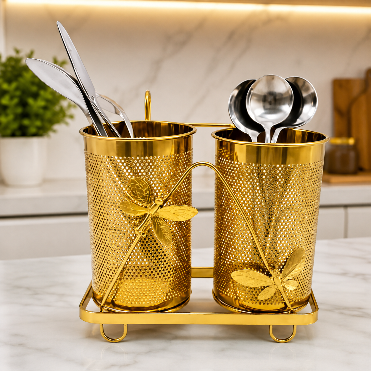 Dual Cup Cutlery Organizer Stand, Kitchen Utensil Organizer, Elegant Golden Kitchen Utensil Organizer, Decorative Golden Cutlery Storage Stand