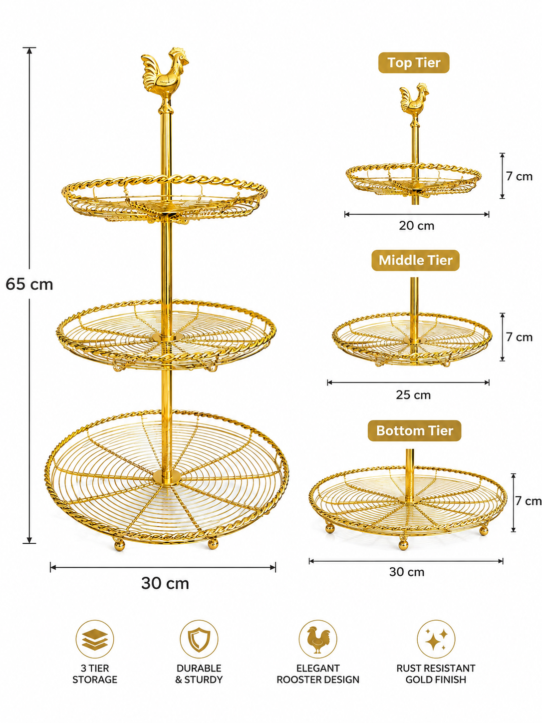 3 Tier Golden Fruit Basket with Rooster Top, Multi Purpose Serving Stand, Golden Rooster Fruit & Snack Organizer, Elegant Food Serving Stand