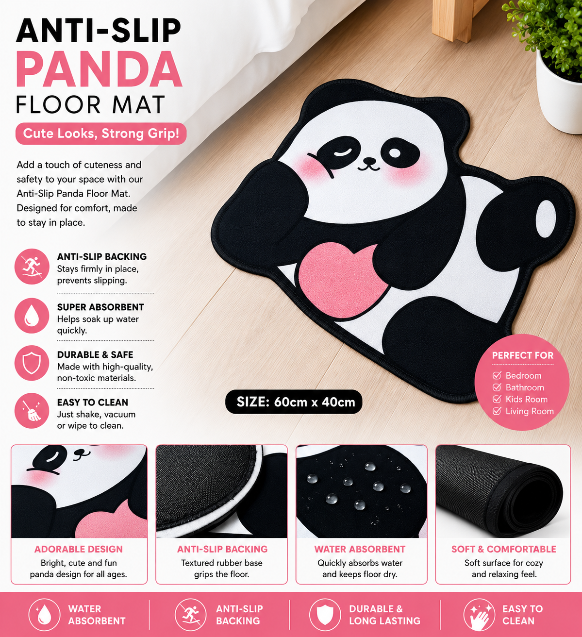 Anti Slip Cute Panda Floor Mat, Decorative Panda Floor Mat, Adorable Panda Shaped Rug, Cute Panda Plush Floor Rug