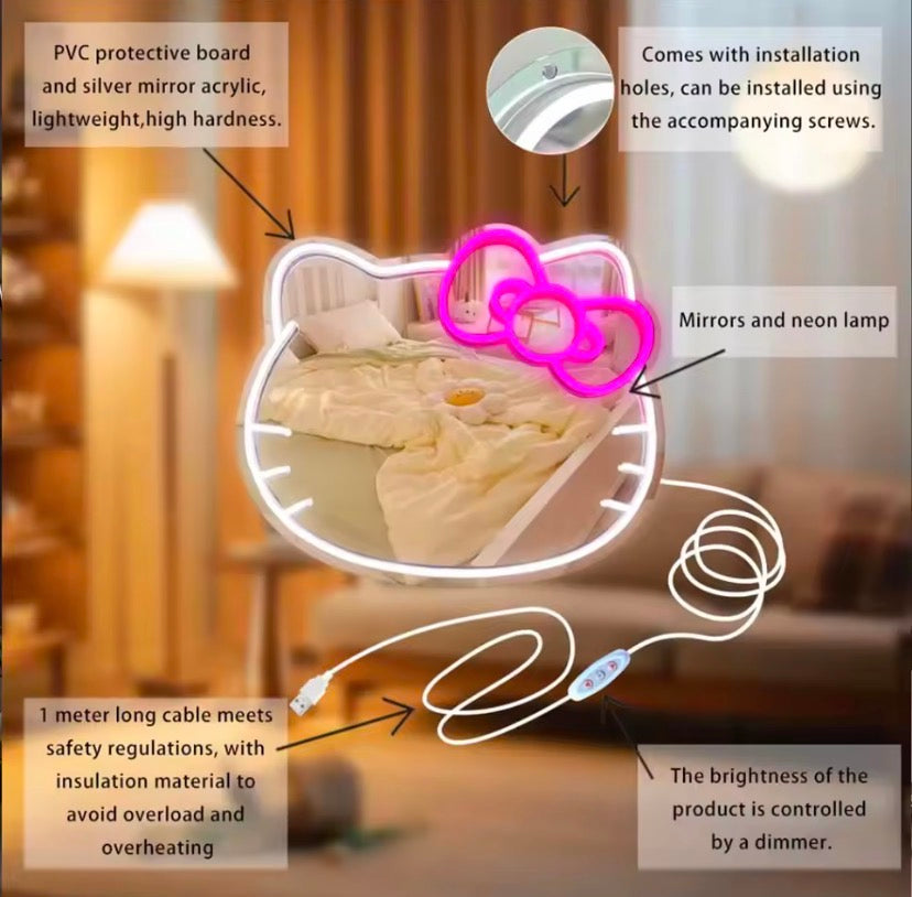 Hello Kitty Vanity Makeup Mirror with Soft Glow Light, Cute Kawaii LED Makeup Mirror, Decorative Hello Kitty LED Vanity Mirror, Kawaii Desktop LED Mirror with Cute Bow Design