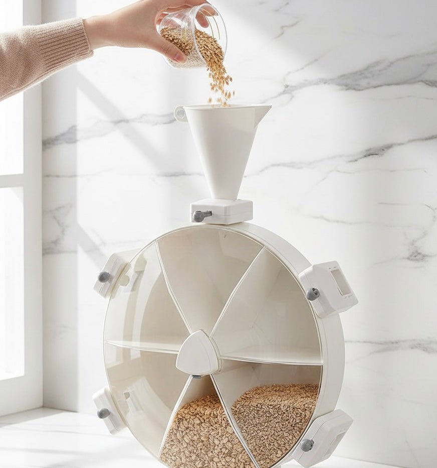 Wall Mounted 6 Grids Grain Storage Wheel, Rotatable Cereal Container, 6 in 1 Rotatable Wall Mounted Rice And Pulses Container