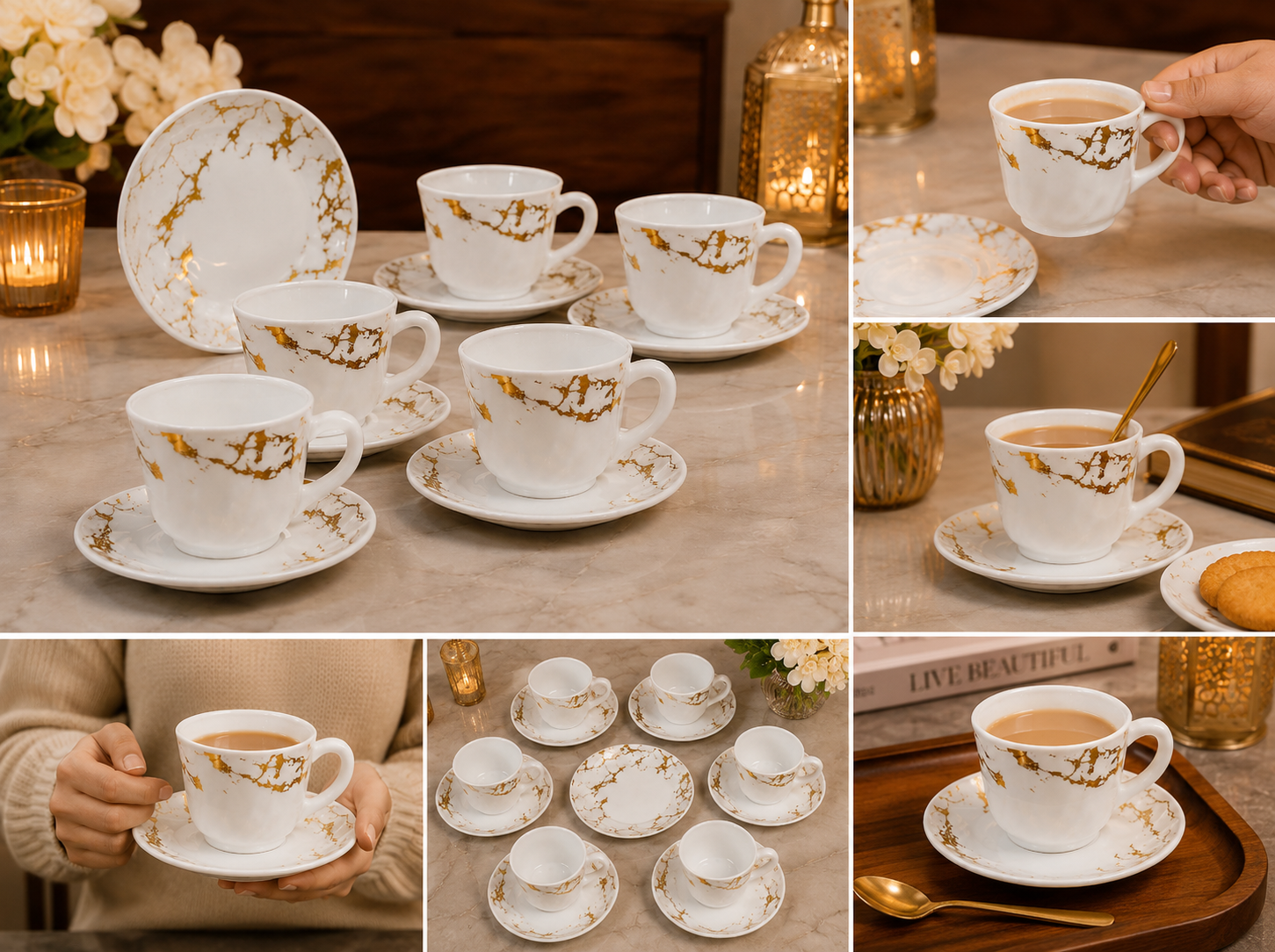 Elegant 6Pcs Tea Cup With Saucer Set, Golden Crackle Design Tea Cup Set, Insulated Coffee Mug, Coffee Glass