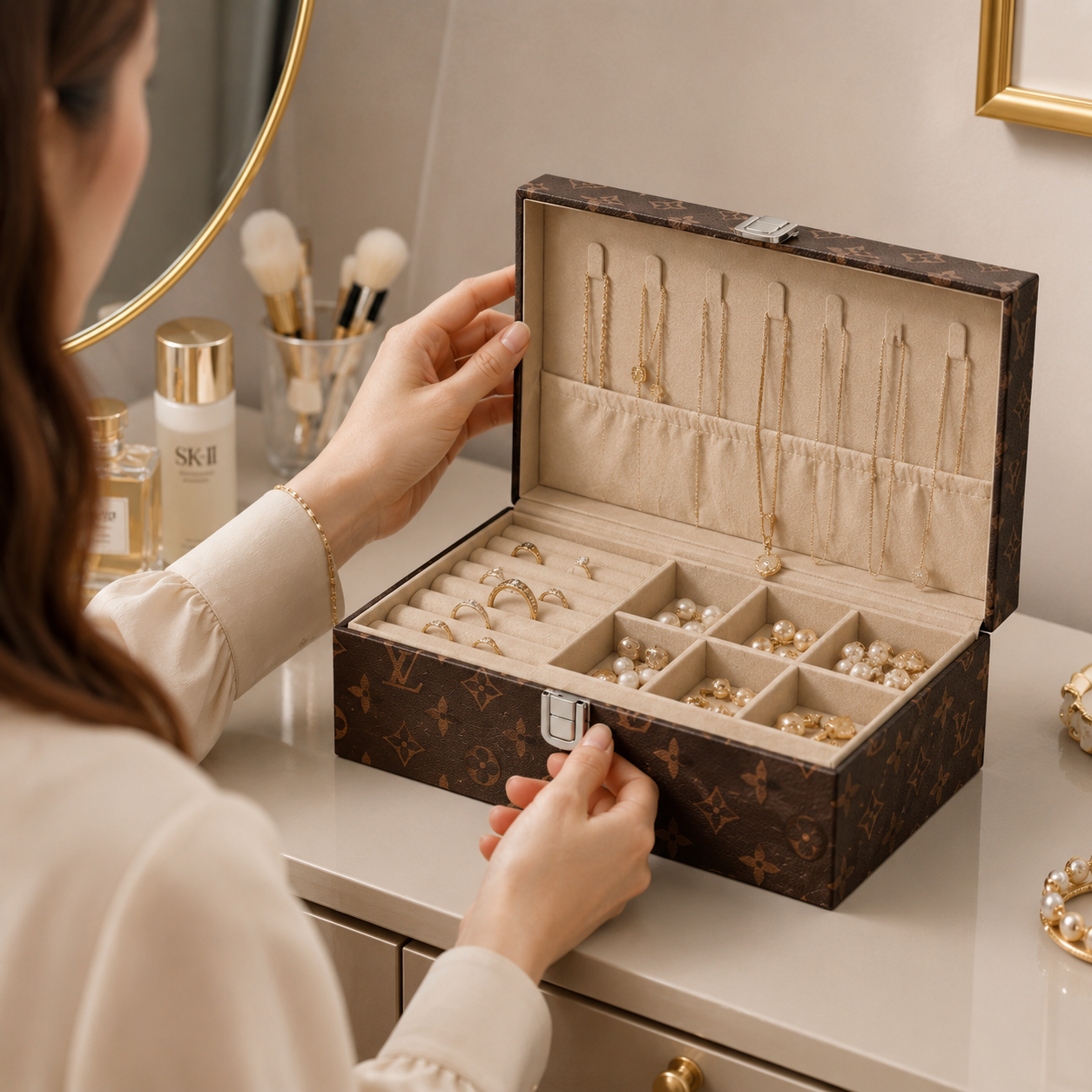 Luxury Louis Vuitton Vanity Jewellery Box, Portable Jewellery Box For Necklaces, Travel Jewelry Box Organizer