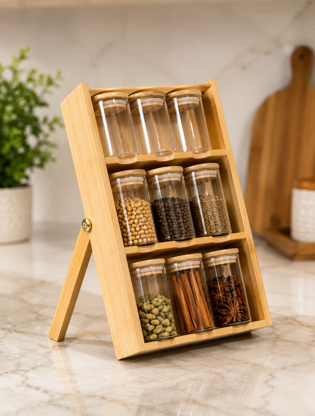 Bamboo Spice Holder Jars, Premium Bamboo Masala Jar Organizer, Wooden Spice Rack With Glass Containers