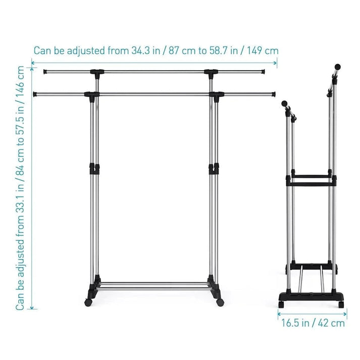 Double Layer Heavy-Duty Clothes Rack, 2 Tier Portable Garment Rack, Adjustable Double Rail Clothes Stand, Heavy Duty Double Hanging Rack