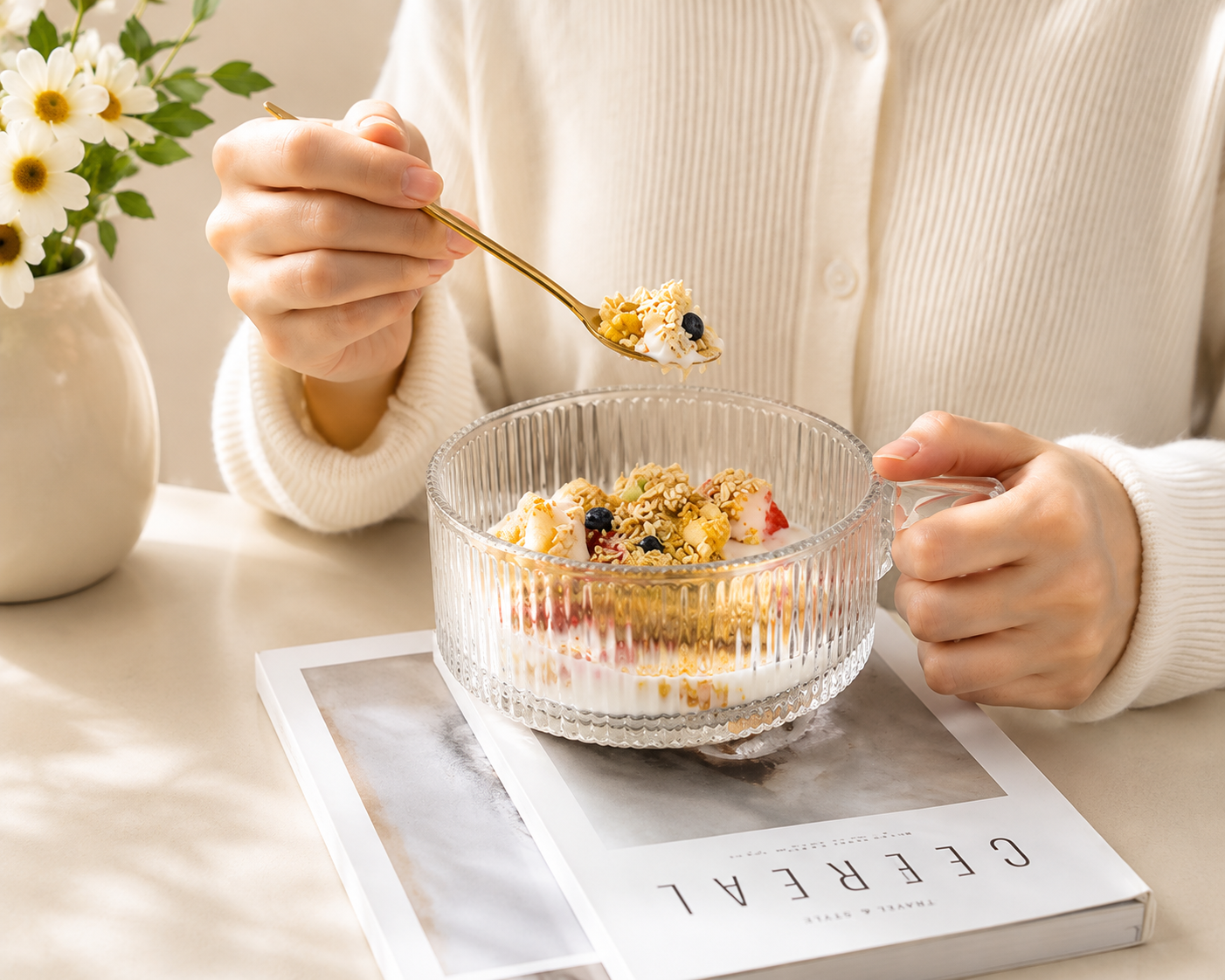 Elegant Ribbed Glass Bowl With Handle, Tableware Glass Salad Bowl, Transparent Glass Food Bowl,     Ribbed Glass Yogurt & Dessert Bowl