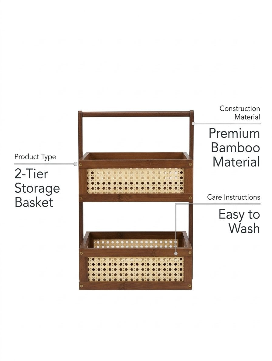 2 Tier Wooden Makeup Storage Organizer, Wooden Vanity Organizer with Woven Cane Design, MultiPurpose Wooden Storage Organizer with Handle