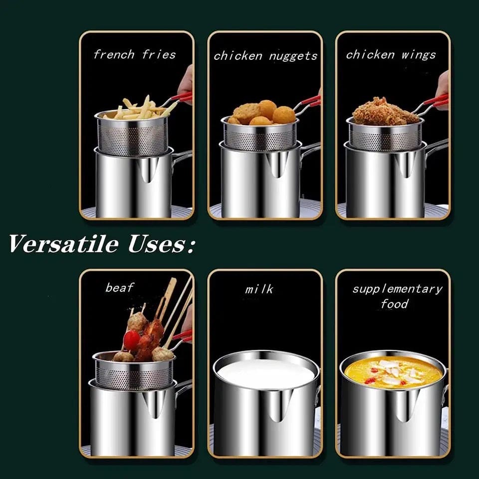 Kitchen Deep Frying Pot, Stainless Steel Kitchen Fryer With Strainer, Multipurpose Fries Fryer Chicken  Deep Frying Pot, Oil Residue Filtration Mesh Colander, Household Fryer with Filter Tempura Frying Pot, Steel Home Fryer Filter Utensil