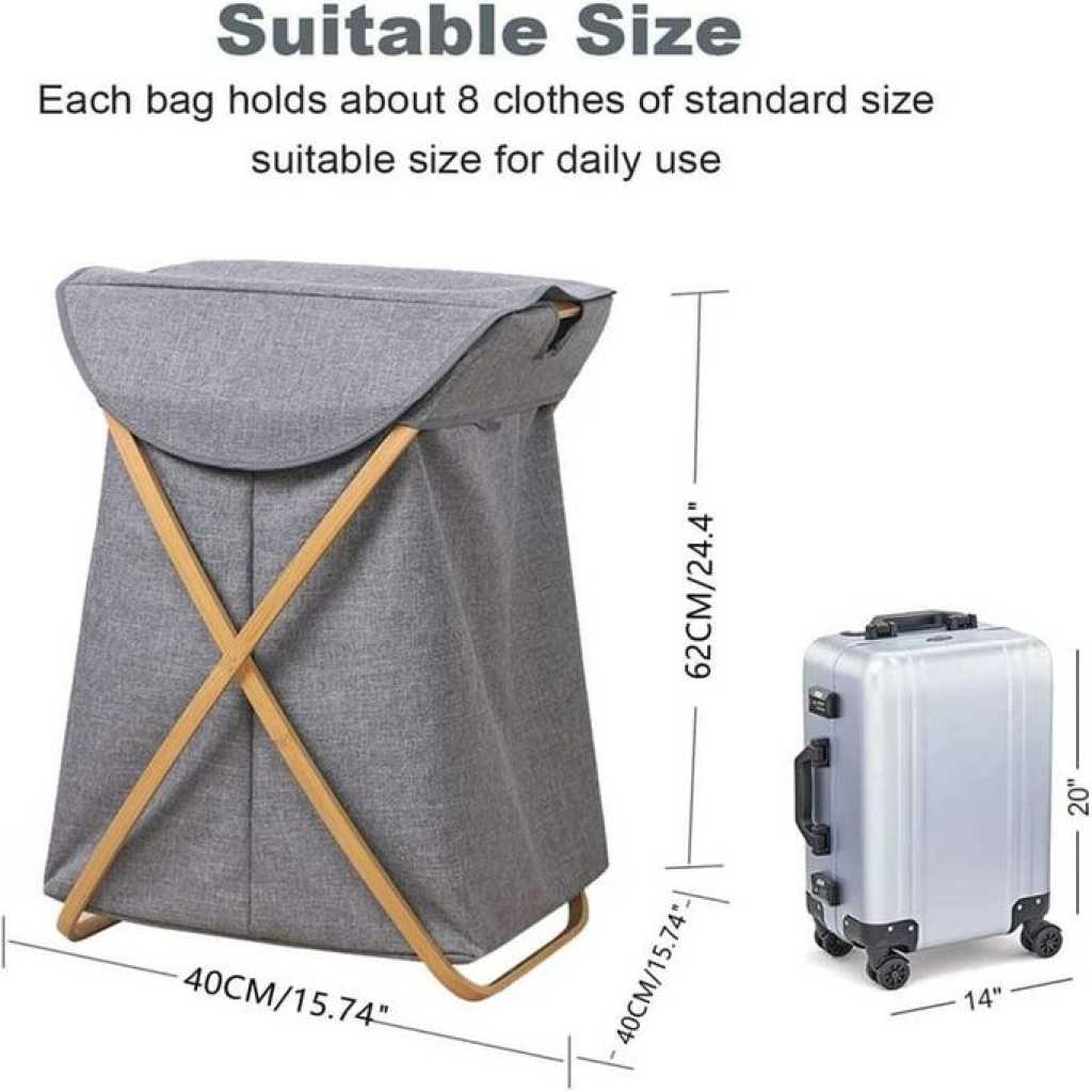 Bamboo Frame Foldable Laundry Basket, Wooden Handel Laundry Hamper, Lightweight Bathroom Laundry Basket