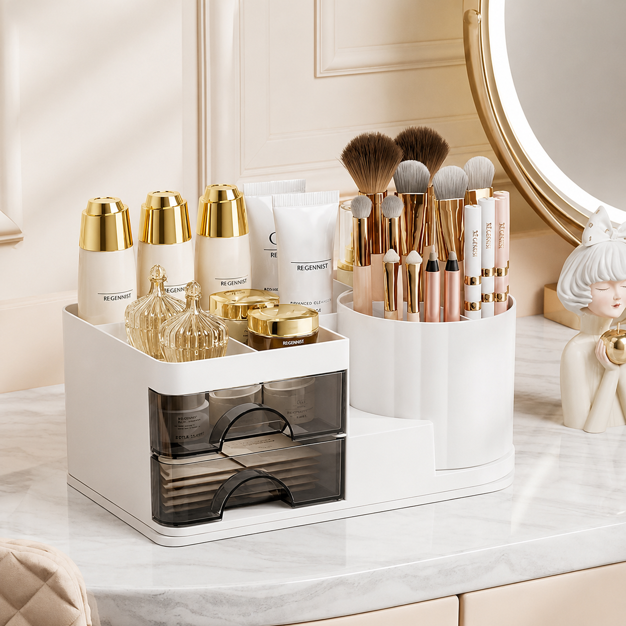 Desktop Cosmetic Organizer With Brush Holder, Transparent Drawer Cosmetic Storage Box, Cosmetic Storage Box