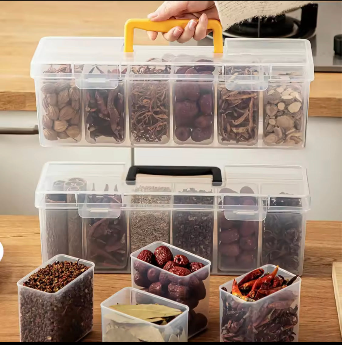 6 Grids Sealed Plastic Storage Box With Handle, Portable Large Capacity Spice Storage Container, Spices Kitchen Organizer