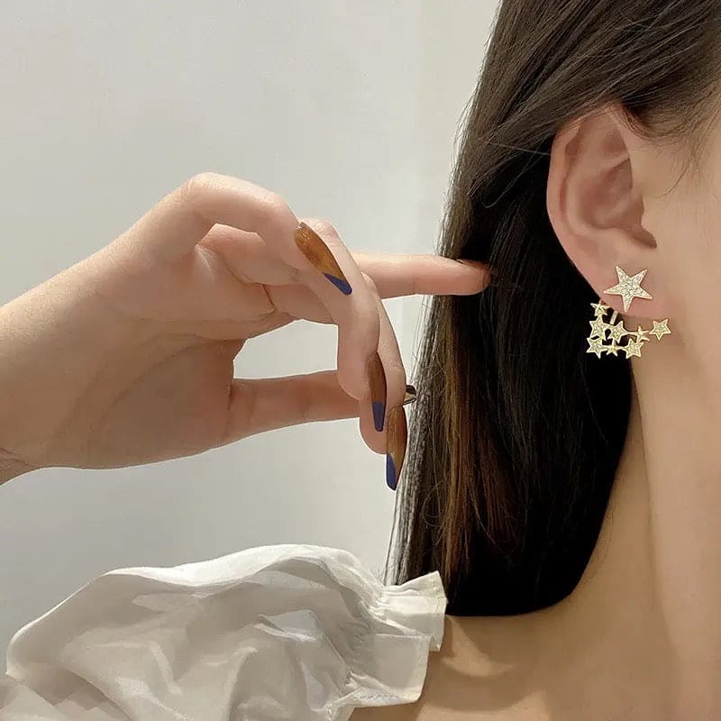 Crystal Star Fancy Earrings, Crystal Star Stud Earrings, Lovely Gold Color Crystal Radiate Star Earrings Jewelry, Star Simulated Pearl Beads, Shiny Star Earrings For Women