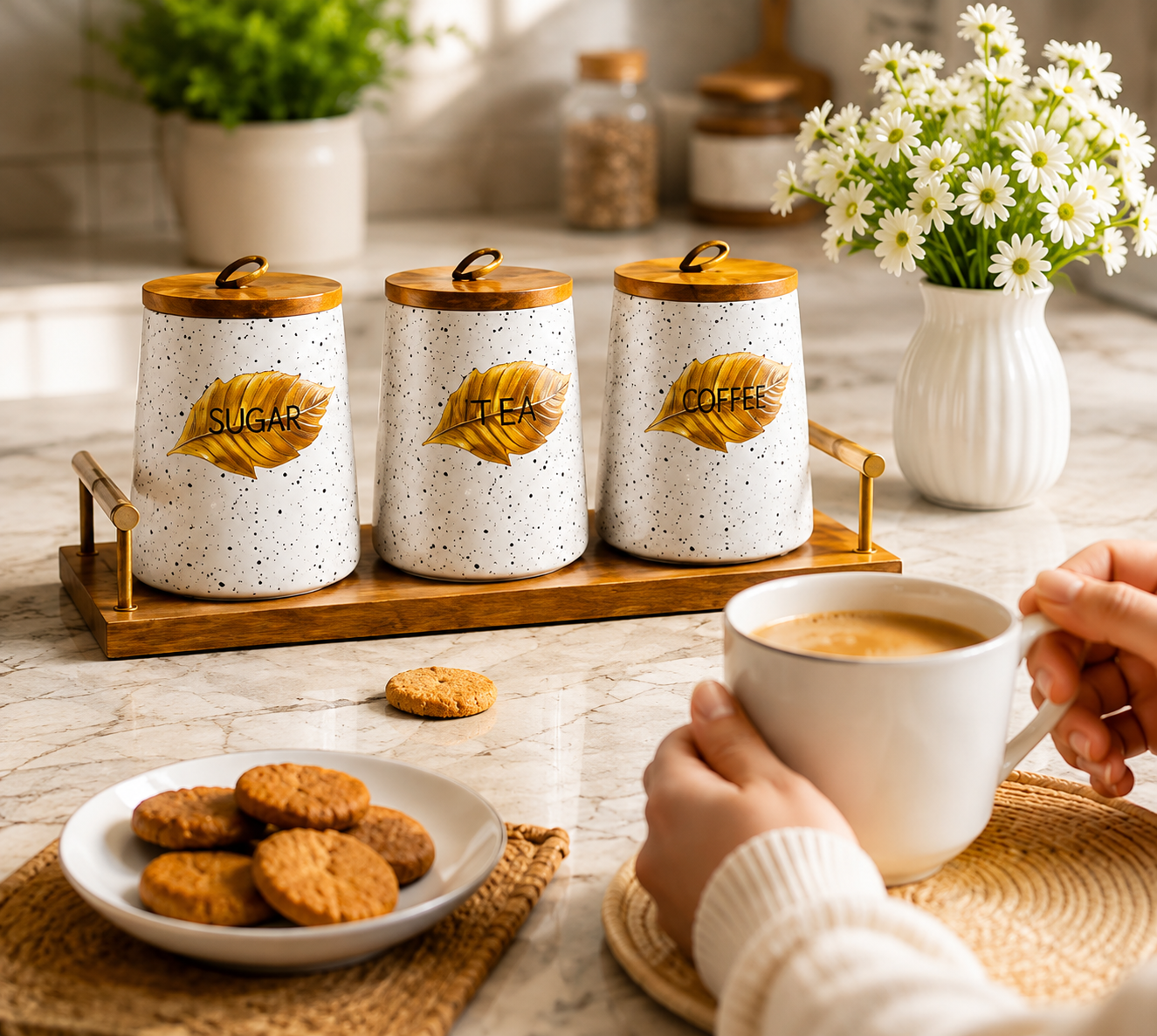 3pcs Ceramic Storage Jar Set with Wooden Lids, Speckled Ceramic Canister Set With Wooden Tray, Decorative Ceramic Kitchen Storage Jar Set