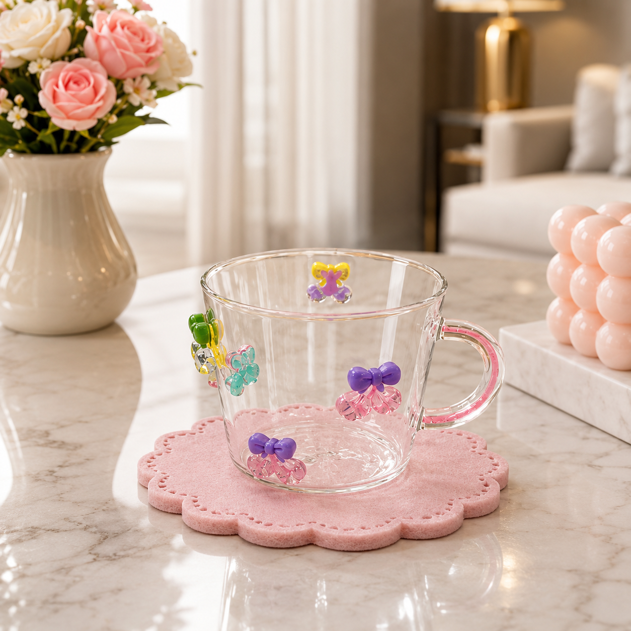 3D Bow Crystal Charm Glass Cup,     Aesthetic Bow Crystal Drop Glass Mug, Cute Bow & Sparkle Charm Glass Cup, Kawaii Bow Transparent Glass Cup