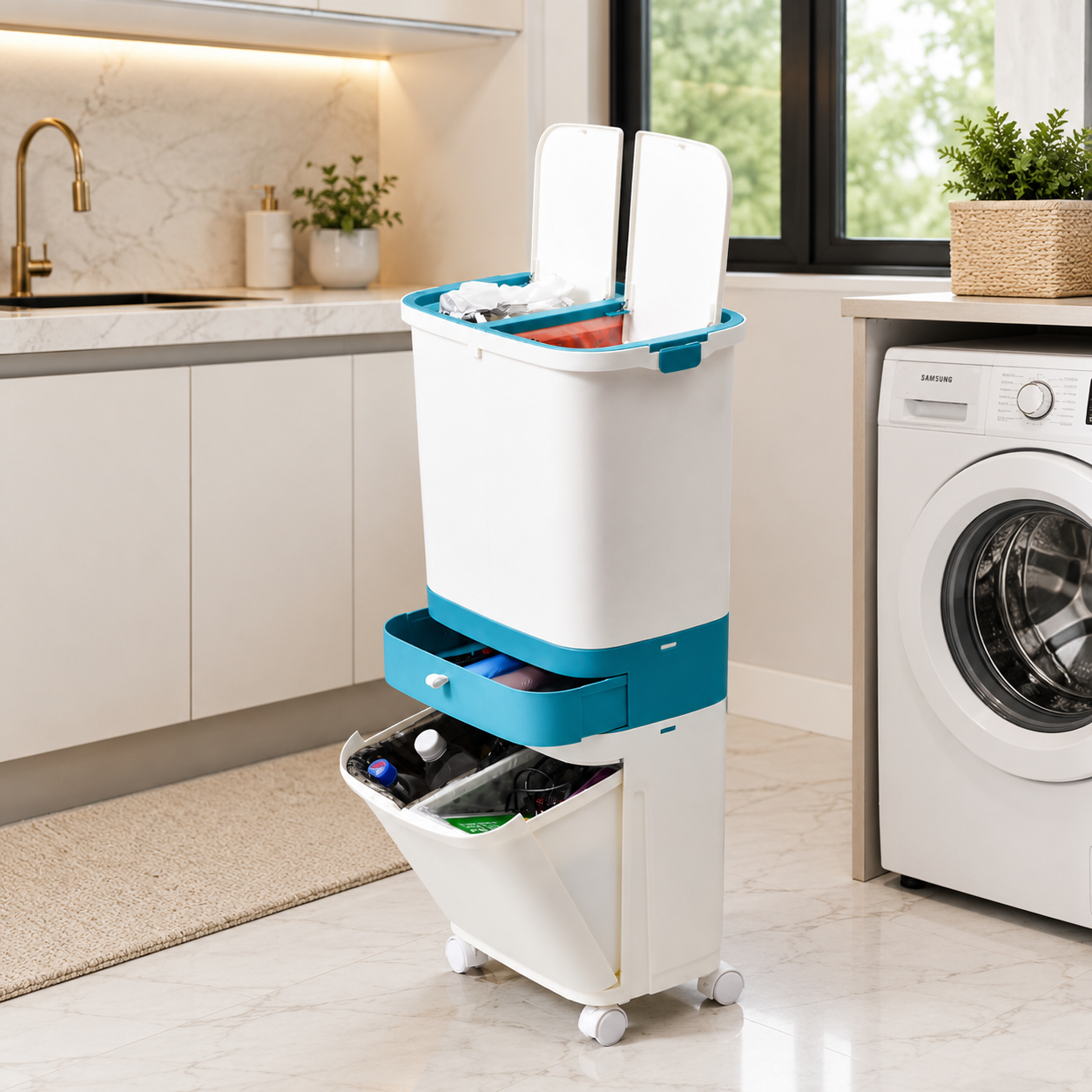 3 In 1 Kitchen Waste Bin Organizer, 2 Layers Garbage Container With Wheels, Smart Dual Trash Bin with Storage Drawer, Multi Layer Kitchen Dustbin, Rolling Kitchen Trash Bin with Drawer, Dual Compartment Waste Sorting Bin
